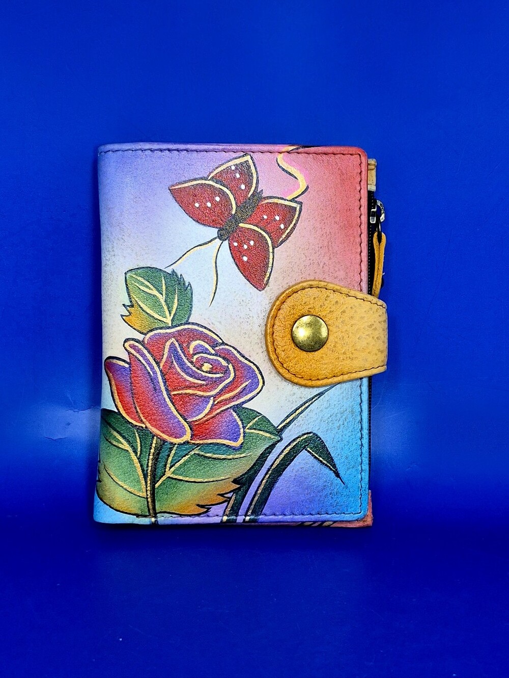 Anna by Anuschka Leather Bi Fold Wallet Hand Painted Rose & Butterfly